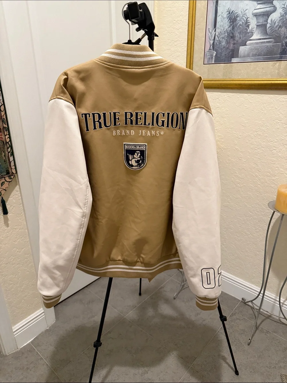 True Religion Tan and Cream Varsity Jacket with Back Logo